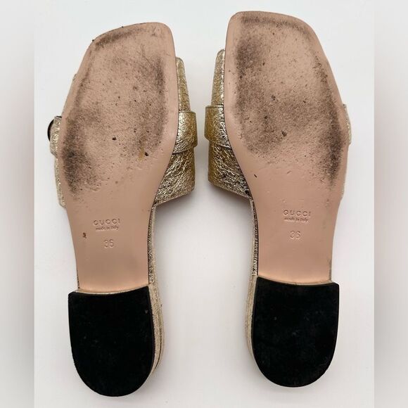 Gucci Marmont Double G Slide Sandals Gold Metallic Leather GG Flat EU 36 US 6 - Picture 7 of 12